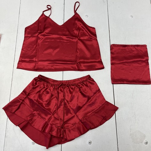 Red satin pajama set - red,